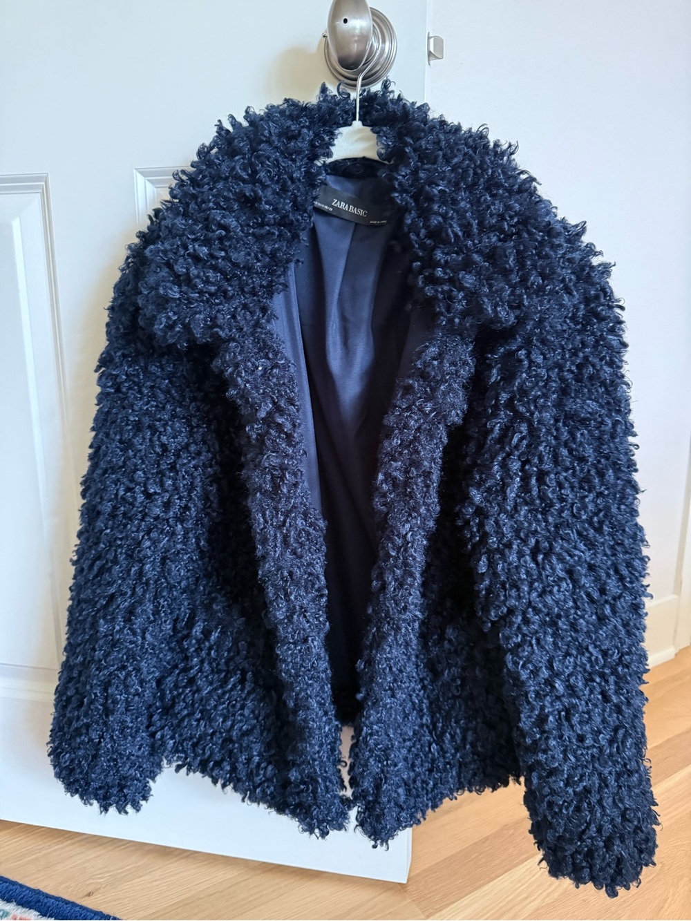 Zara Navy Curly Faux Shearling Teddy Coat